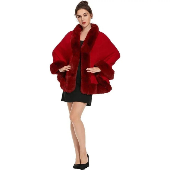 Zlyc Women Winter Faux Fur Shawl Stole Warm Wrap Cape - Red - Picture 3 of 7